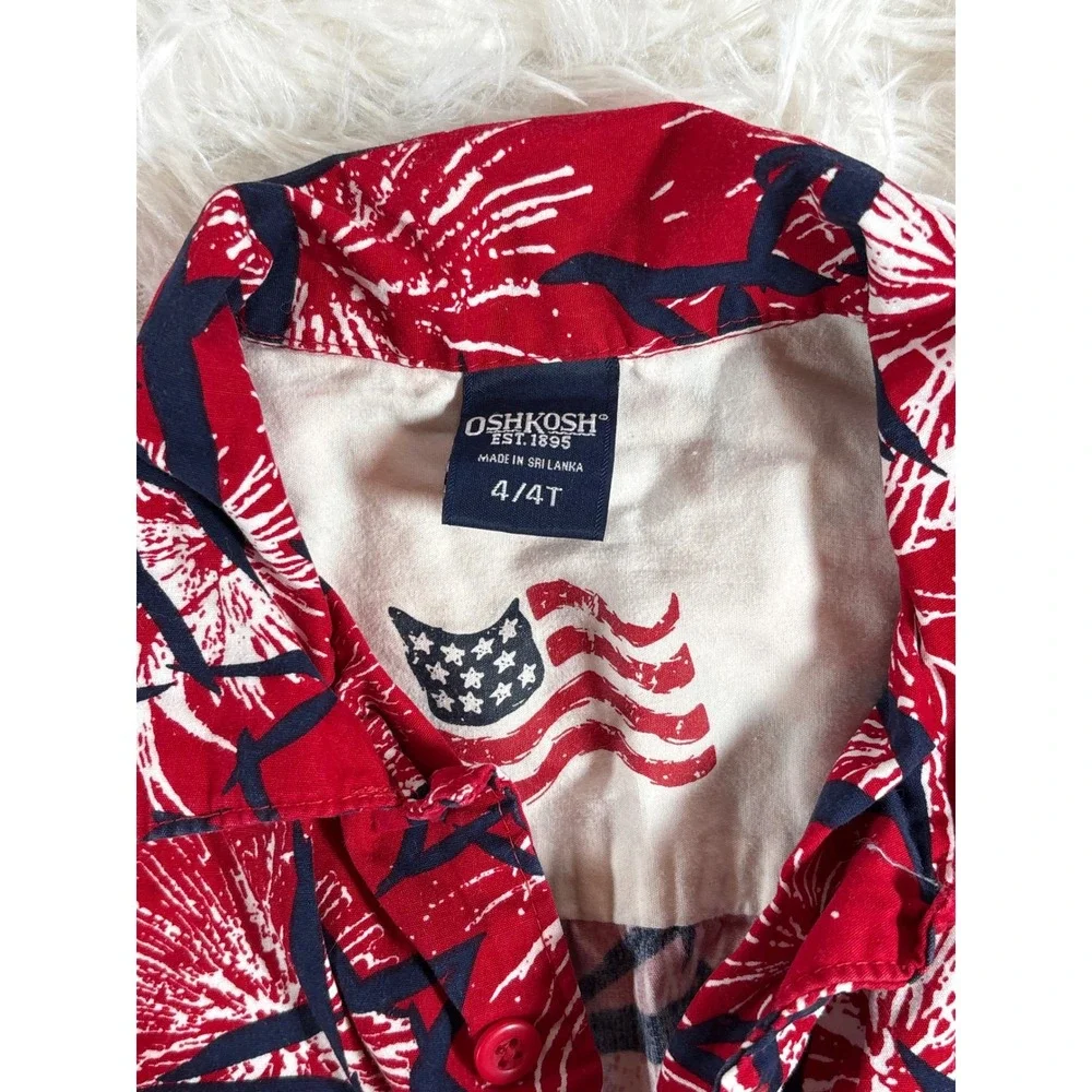 OshKosh B'gosh Kids 4T Patriotic Stars Fireworks Button Up Shirt Red White Blue